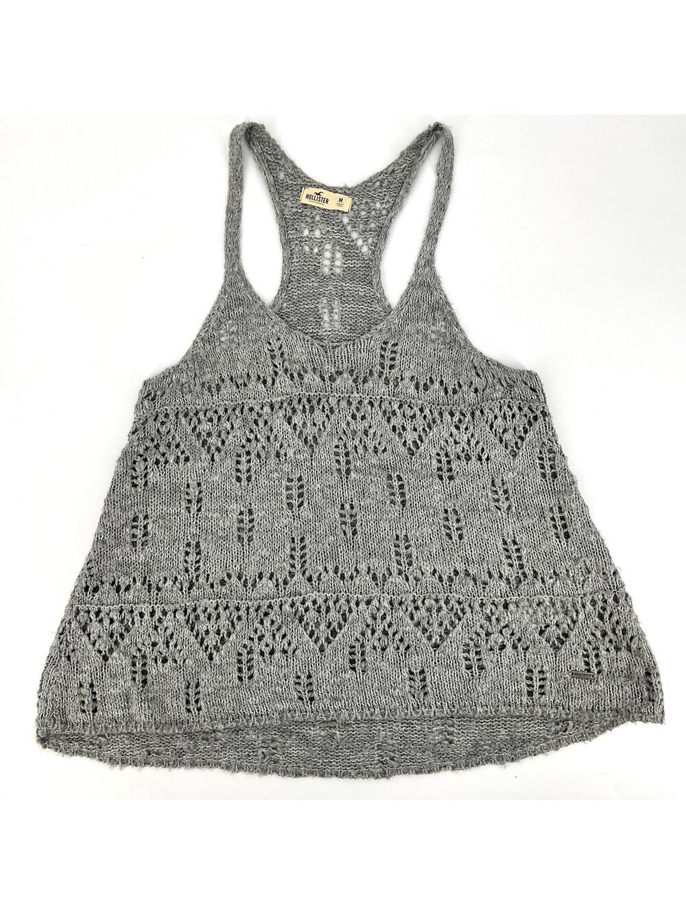 Hollister Womens Racer Back Gray Oatmeal Crochet Knit Tank Top Size M